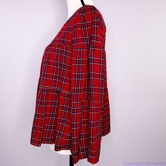 NEW Madewell red Plaid Tiered Button-Back long sleeves To, size XS - Picture 11 of 15